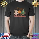 Retro Happy Hallothanksmas Ghost And Pumpkin And Xmas Tree Halloween Thanksgiving Christmas T-Shirt