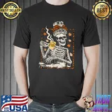 Skeleton Coffee Messy Bun Ribbon Leopard Halloween Thanksgiving T-Shirt