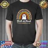Trick Or Teach 1st Grade Teacher Halloween Rainbow Leopard And Ghost T-Shirt