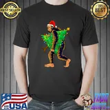 Bigfoot With Santa Hat Carrying Christmas Tree With Lights Sasquatch Believer Pajama T-Shirt