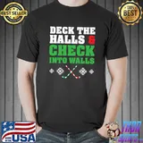 Ice Hockey Christmas Candy Cane Stick Deck The Halls Check Into Walls Snows T-Shirt