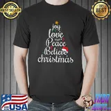 Joy Love Peace Believe Christmas Tree Santa Hat And Star T-Shirt