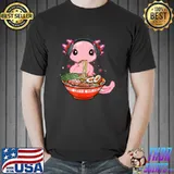 Kawaii Axolotl Eating Ramen Noodles And Listen To Music Anime Gift T-Shirt