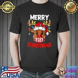 Merry Christmas 2022 Santa Reindeer Face Mask Xmas Lights T-Shirt