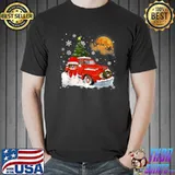 Papillon Dog Riding Red Truck Christmas Decorations Blood Moon T-Shirt
