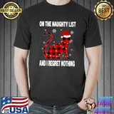 Red Plaid On Naughty List And I Regret Nothing Kitten Xmas Lights T-Shirt