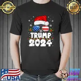 Santa Hat Sunglasses Usa Flag Lights Trump 2024 Xmas Lights Christmas T-Shirt