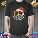 Stay Merry And Bright Peace Sign Santa Hat Retro Lights Xmas T-Shirt