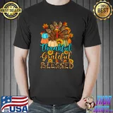 Thankful Grateful Blessed Turkey Leopard Sunflowers And Pumpkins Happy Thanksgiving T-Shirt