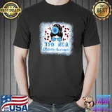 Type 1 Diabetes Awareness T1D Mom Blue Ribbon Rainbow Blood Messy Bun Sunflower T-Shirt