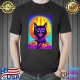 Colorful Groovy Pumpkins Halloween Cat Cool Relaxed Cat T-Shirt