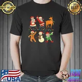 Dabbing Santa Elf Friends Snowman Reindeer And Lights Christmas T-Shirt