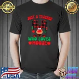 Just a teacher who loves moose plaid apples merry christmas teacher animal T-Shirt