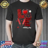 Love Heart Stethoscope Or Life Nurse Valentines Day Plaid Leopard T-Shirt
