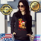 Merry Reindeer Christmas Santa Hat And Gift T-Shirt Hoodie