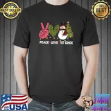 Peace Love Snowman Xmas Plaid Christmas 1st Grade Teacher Heart Leopard T-Shirt
