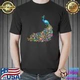 Peacock Graphic Blue Teal Floral Tail Feathers Bird Lover T-Shirt