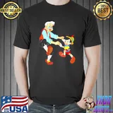 Pinocchio doll playing with his father shirt