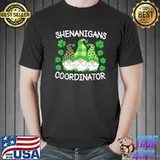 Shenanigans Coordinator Teachers St Patricks Day Gnomes With Hat Leopard Plaid Shamrocks T-Shirt