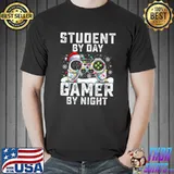 Student By Day Gamer By Night Christmas Controller With Lights And Santa Hat Gamer T-Shirt