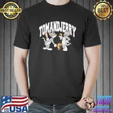 Tom and jerry white text logo cartoon shirt