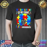 My Son's Fights Is My Fight Autism Mom Black Afro Autism T-Shirt