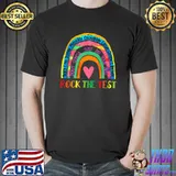 Rock The Test Testing Day Retro Motivational Teacher Student Rainbow Teach Inspire T-Shirt