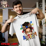 Autism Mom Afro Messy Bun Autism Awareness In April We Wear Blue T-Shirt