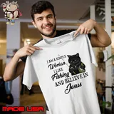 Top i Am A Simple Woman like fishing and believe in jesus cat shirt