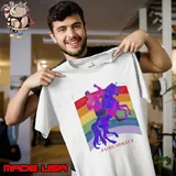 Jamie Holley riding horse rainbow pride shirt