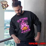 In October We Wear Pink Ghost Witch Breast Cancer Awareness Pumpkin Halloween Sweatshirt