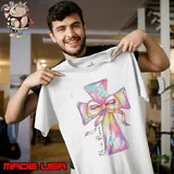 Cross Easter Pink He Is Risen Cross Coquette Bow Easter Shirt