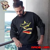 Military Fighter Plane Star Emblem Angry Shark Mouth Graphic Vintage War Art Sweatshirt