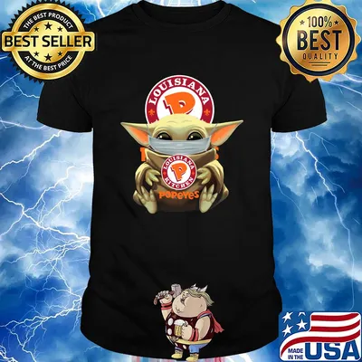 Baby Yoda mask hug Louisiana Popeyes shirt