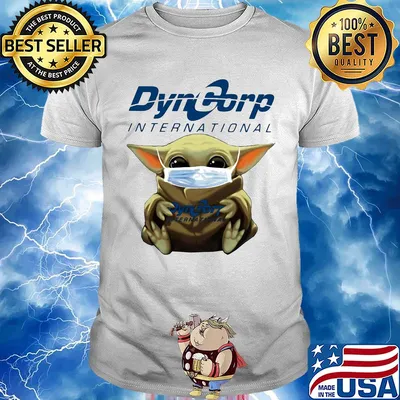 Baby Yoda face mask hug DynCorp International shirt