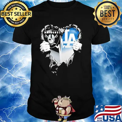 Blood insides oakland raiders and los angeles dodgers heart shirt