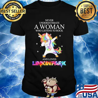 Unicorn never underestimate a woman who listens to rock and loves linkin park shirt