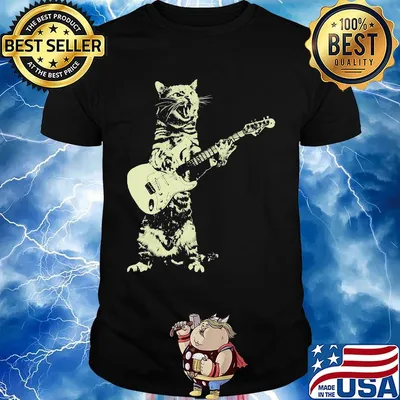 Cat guitar sing black shirt