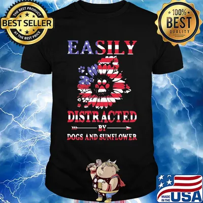 Easily distracted by dogs and sunflower American flag shirt