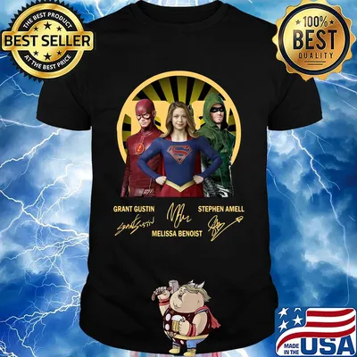 Flash supergirl and arrow grant gustin melissa benoist stephen amell signatures shirt