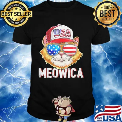 Meowica Cat Hat Sunglasses USA American Flag Independence Day Shirt