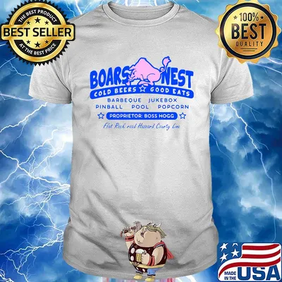 Boars nest cold beers good eats barbeque jukebox oinball pool popcorn proprietor boss hogg flat rock road haggard country line shirt