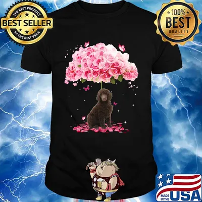 Brown dog standing under the big rose shirt