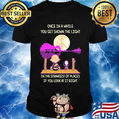 Charlie brown and snoopy once in a while you get shown the light in the strangest of places if you look at it right shirt