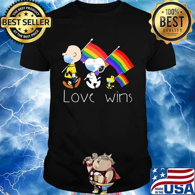 Charlie brown snoopy and woodstock maskholing lgbt flag love wins shirt