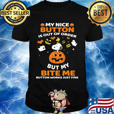 Halloween snoopy and woodstock my nice button is out of order but my bite me button works just fine pumpkin shirt