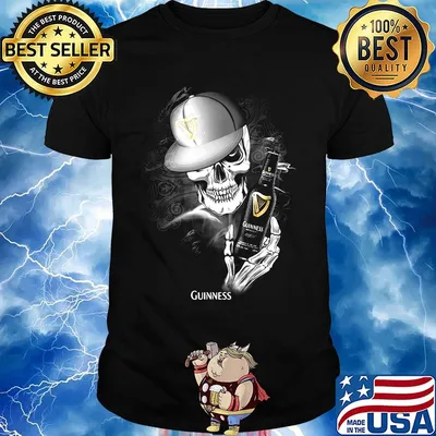 Skeleton holding guinness beer logo shirt