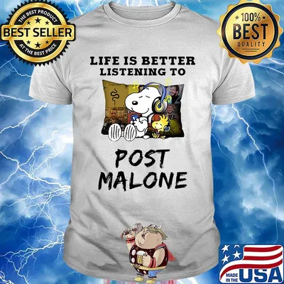 Snoopy and woodstock life is better listening to post malone shirt