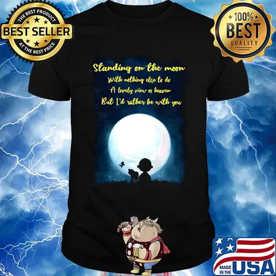 Snoopy charlie brown and woodstock standing on the moon with nothing else to do a lovely view of heaven shirt