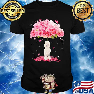 White dog standing under the big rose shirt